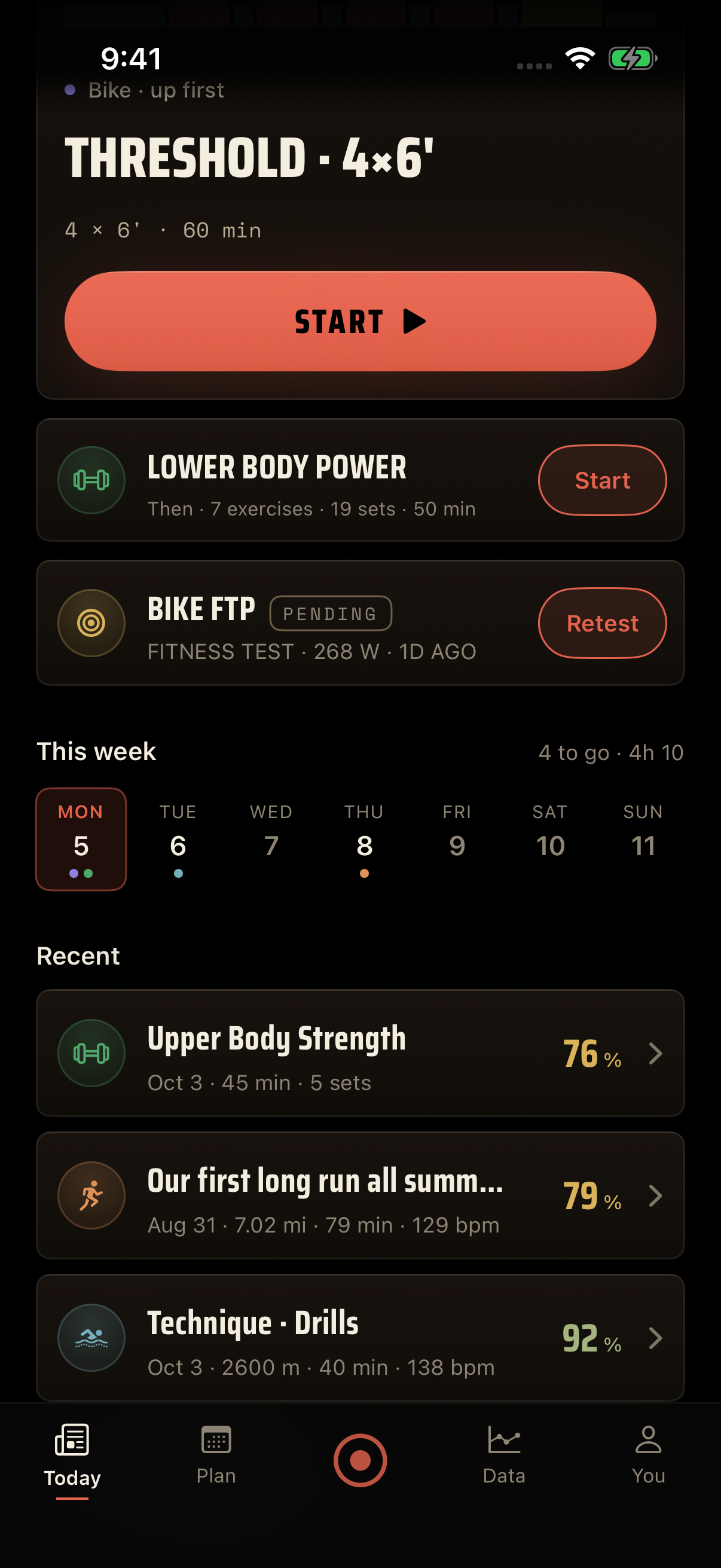 Vorta Today: sample bike intervals and a Lower Body Power strength session together, with the weekly calendar and recent workouts, displayed inside an illustrative iPhone frame.