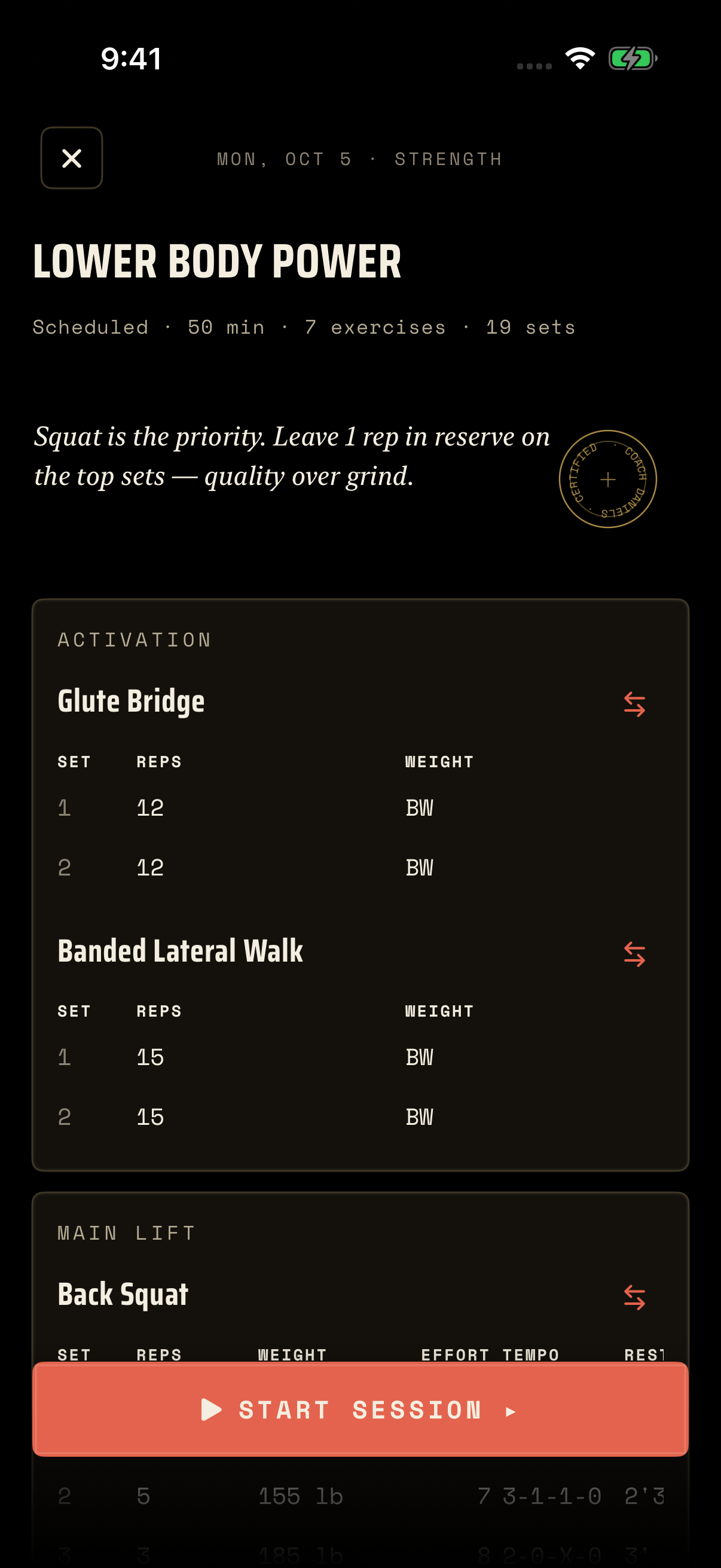 Vorta Lower Body Power workout detail: a sample 50-minute strength session with 7 exercises and 19 sets, displayed inside an illustrative iPhone frame.